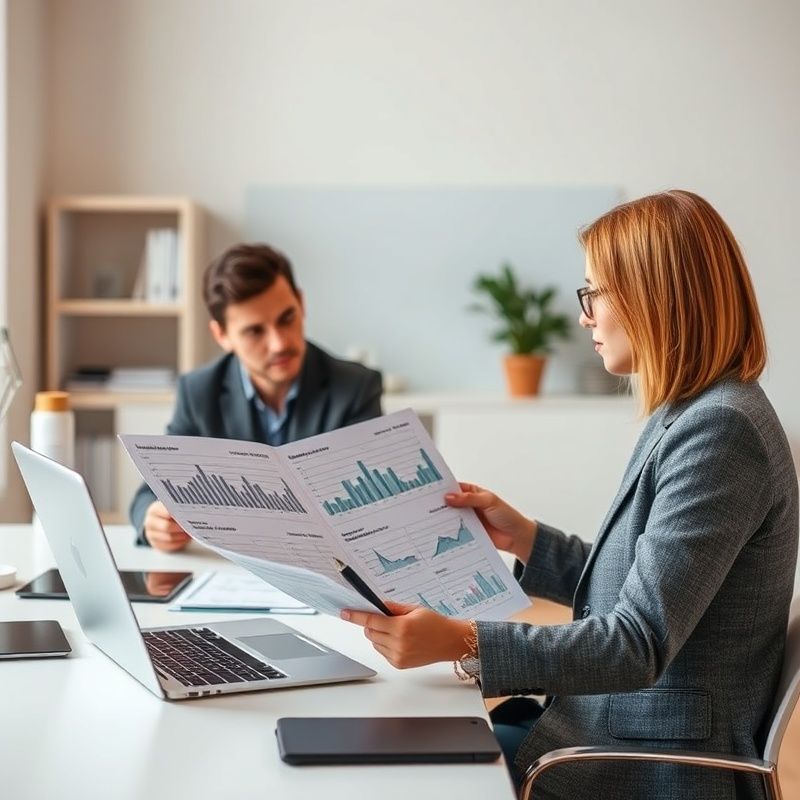 Doi profesioniști analizează grafice financiare la un birou alb minimalist